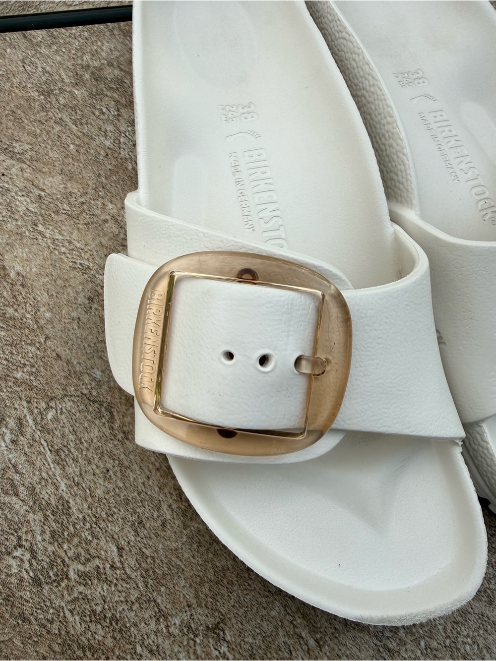 Birkenstock White Madrid EVA Slide Sandals with Tan-Gold Big Buckles - Picture 2 of 10